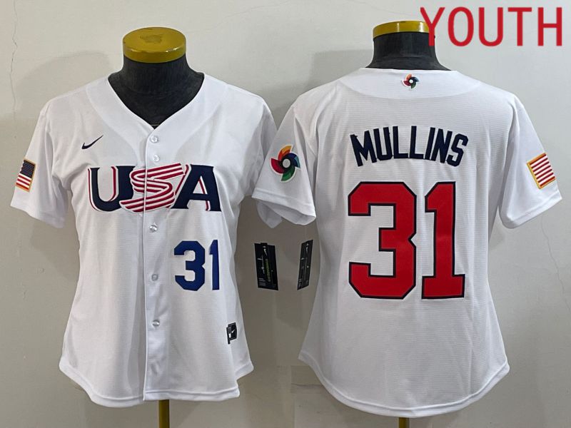 Youth 2023 World Cub USA #31 Mullins White MLB Jersey3